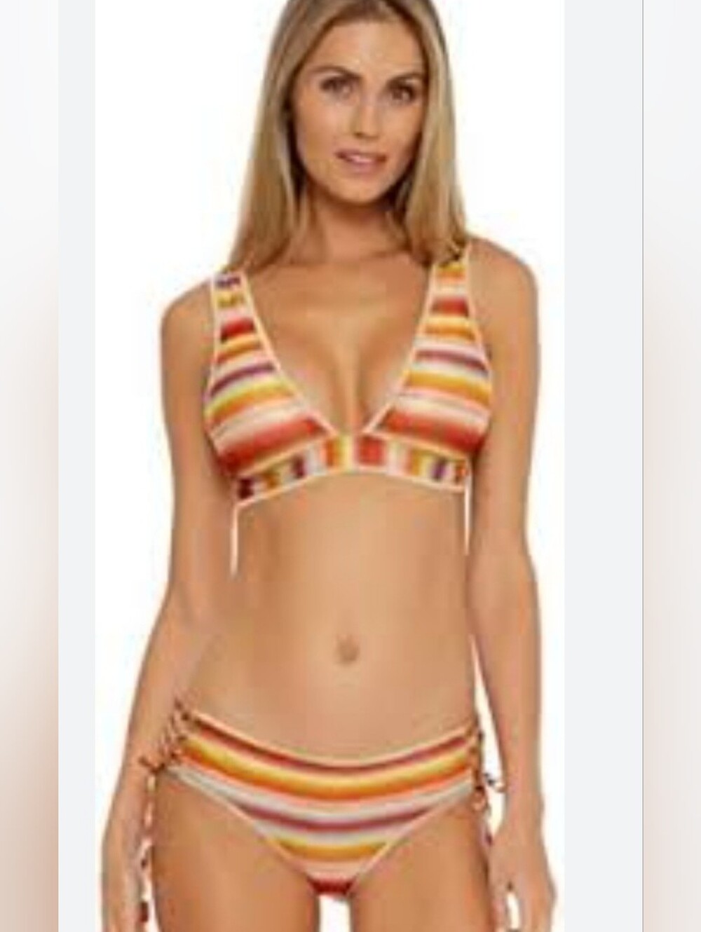 BECCA Multicolor Stripe V-Neck Bikini Set in Warm Tones